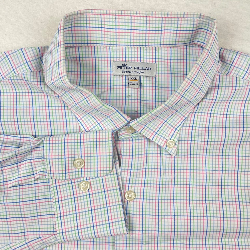 Peter Millar Summer Comfort Mens XXL Plaid Button Down Shirt Multi Color Check